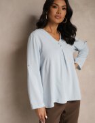 new collection Bluză albastru deschis tip trapez cu decolteu în formă de V și mâneci rulate Morlimi
