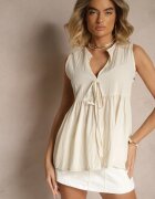 new collection Bluză Bej din Viscoză cu Bască Legată la Decolteu Davienne