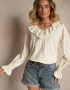 new collection Bluză Bej Rustic din Viscoză cu Decolteu în V și Volane Lislimi