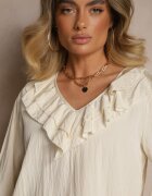 new collection Bluză Bej Rustic din Viscoză cu Decolteu în V și Volane Lislimi