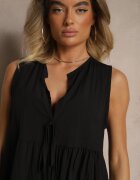 new collection Bluză Neagră din Viscoză cu Bască Legată la Decolteu Davienne