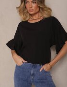 new collection Bluză Neagră din Viscoză cu croială tip liliac Decorată cu volane Ranova