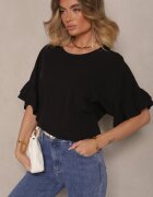 new collection Bluză Neagră din Viscoză cu croială tip liliac Decorată cu volane Ranova