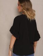 new collection Bluză Neagră din Viscoză cu croială tip liliac Decorată cu volane Ranova
