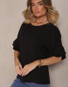 new collection Bluză Neagră din Viscoză cu croială tip liliac Decorată cu volane Ranova
