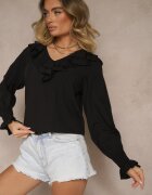 new collection Bluză Neagră Rustică din Viscoză cu Decolteu în V și Volane
