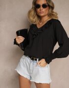new collection Bluză Neagră Rustică din Viscoză cu Decolteu în V și Volane
