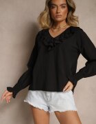 new collection Bluză Neagră Rustică din Viscoză cu Decolteu în V și Volane