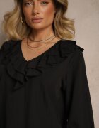 new collection Bluză Neagră Rustică din Viscoză cu Decolteu în V și Volane