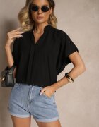 new collection Bluză Neagră Supradimensionată din Viscoză cu croială liliac cu decolteu în V Davithiel