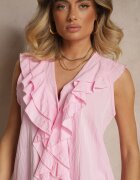 new collection Bluză Roz deschis din Viscoză Fără Mâneci Decorată cu Volan la Decolteu în V Millimia