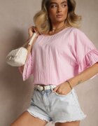 new collection Bluză Roz din Vâscoză cu Croială Tip Liliac Decorată cu Volane Ranova