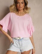 new collection Bluză Roz din Vâscoză cu Croială Tip Liliac Decorată cu Volane Ranova
