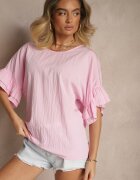 new collection Bluză Roz din Vâscoză cu Croială Tip Liliac Decorată cu Volane Ranova