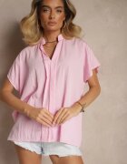 new collection Bluză Roz Oversize din Viscoză cu Mâneci tip Liliac cu Decolteu în V Davithiel