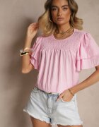 new collection Bluză Roz Trapez cu Vâscoză Decorată cu Volane și Inserție Elastică Mirlimi