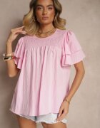 new collection Bluză Roz Trapez cu Vâscoză Decorată cu Volane și Inserție Elastică Mirlimi