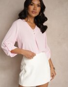 new collection Bluză Roz Trapezoidală cu Decolteu în V și Mâneci Suflecate Morlimi