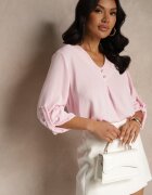 new collection Bluză Roz Trapezoidală cu Decolteu în V și Mâneci Suflecate Morlimi