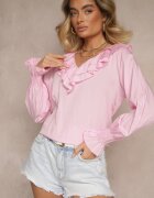 new collection Bluză Roză Rustică din Vâscoză cu Decolteu în V și Volane tip Frunză