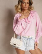 new collection Bluză Roză Rustică din Vâscoză cu Decolteu în V și Volane tip Frunză