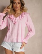 new collection Bluză Roză Rustică din Vâscoză cu Decolteu în V și Volane tip Frunză
