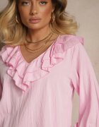 new collection Bluză Roză Rustică din Vâscoză cu Decolteu în V și Volane tip Frunză
