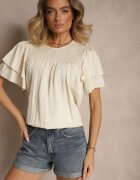 new collection Bluză Trapez Bej din Viscoză Decorată cu Volane și Inserție Elastică Mirlimi