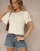new collection Bluză Trapez Bej din Viscoză Decorată cu Volane și Inserție Elastică Mirlimi