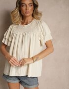 new collection Bluză Trapez Bej din Viscoză Decorată cu Volane și Inserție Elastică Mirlimi