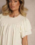 new collection Bluză Trapez Bej din Viscoză Decorată cu Volane și Inserție Elastică Mirlimi