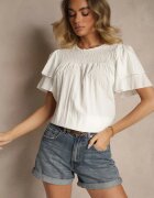 new collection Bluză Trapezoidală Albă cu Vâscoză Decorată cu Volane și Inserție Elastică Mirlimi