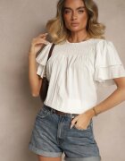 new collection Bluză Trapezoidală Albă cu Vâscoză Decorată cu Volane și Inserție Elastică Mirlimi