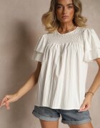 new collection Bluză Trapezoidală Albă cu Vâscoză Decorată cu Volane și Inserție Elastică Mirlimi
