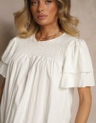new collection Bluză Trapezoidală Albă cu Vâscoză Decorată cu Volane și Inserție Elastică Mirlimi