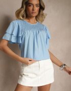 new collection Bluză Trapezoidală Albastru Deschis din Viscoză Decorată cu volane și Inserție Elastică Mirlimi