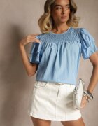 new collection Bluză Trapezoidală Albastru Deschis din Viscoză Decorată cu volane și Inserție Elastică Mirlimi