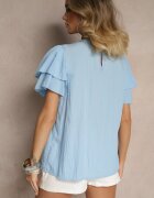 new collection Bluză Trapezoidală Albastru Deschis din Viscoză Decorată cu volane și Inserție Elastică Mirlimi