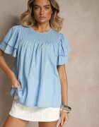 new collection Bluză Trapezoidală Albastru Deschis din Viscoză Decorată cu volane și Inserție Elastică Mirlimi