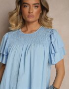 new collection Bluză Trapezoidală Albastru Deschis din Viscoză Decorată cu volane și Inserție Elastică Mirlimi