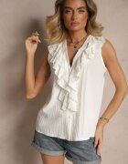new collection Cămașă Albă din Viscoză fără Mâneci cu Volane la Decolteul în V Millimia
