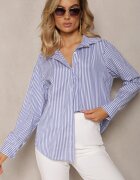 new collection Cămașă Bleumarin-Albă cu Croi Clasic cu Nasturi și în Dungi Adetia