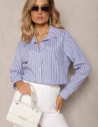 new collection Cămașă Bleumarin-Albă cu Croi Clasic cu Nasturi și în Dungi Adetia