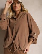 new collection Cămașă Maro deschis din Bumbac cu Croială Largă cu Glugă și Șnur Felanira