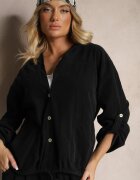 new collection Cămașă Neagră din bumbac cu croială lejeră cu glugă și bordură elastică Felanira
