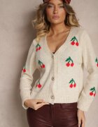 new collection Cardigan Bej cu decolteu în V cu imprimeu cireșe Nelanel