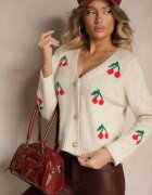 new collection Cardigan Bej cu decolteu în V cu imprimeu cireșe Nelanel