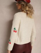 new collection Cardigan Bej cu decolteu în V cu imprimeu cireșe Nelanel