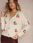 new collection Cardigan Bej cu decolteu în V cu imprimeu cireșe Nelanel