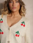 new collection Cardigan Bej cu decolteu în V cu imprimeu cireșe Nelanel